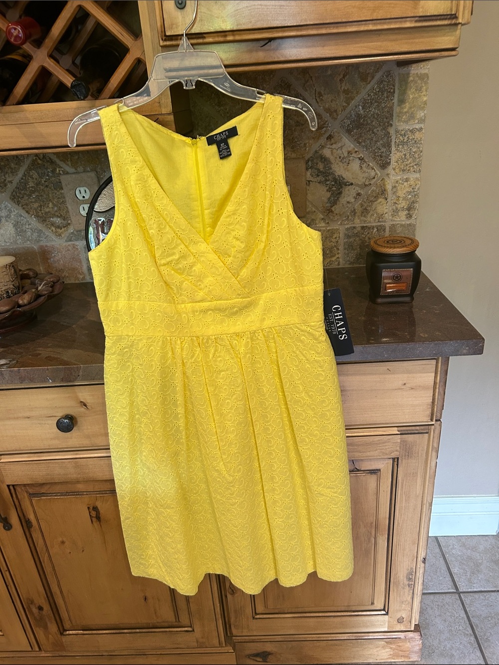 Chaps Bright Yellow Sleeveless Eyelet V-Neck dress FULLY LINED